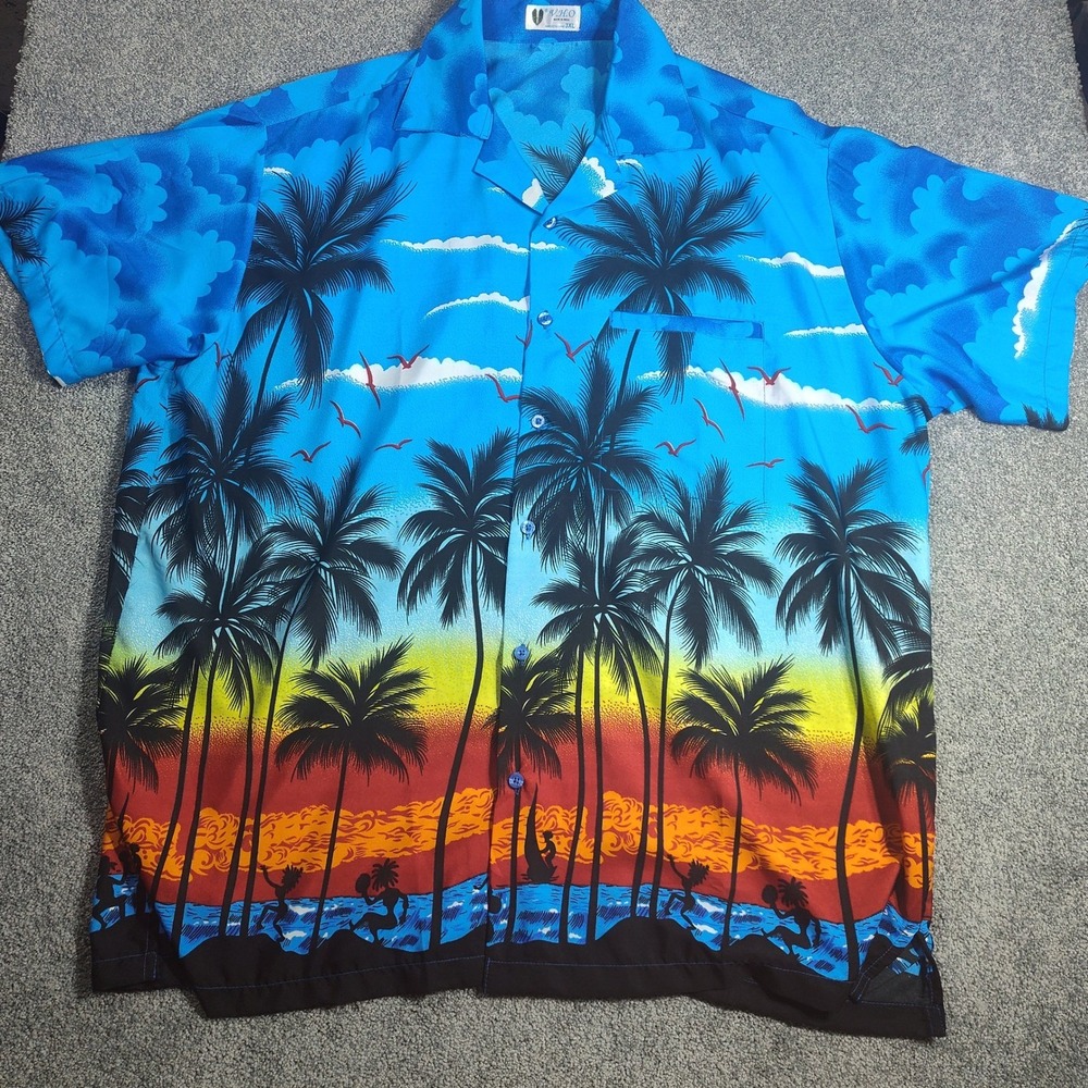 VHO Hawaiian Shirt Mens 3XL Blue Palm Tree Sunset Graphic Print Short Sleeve